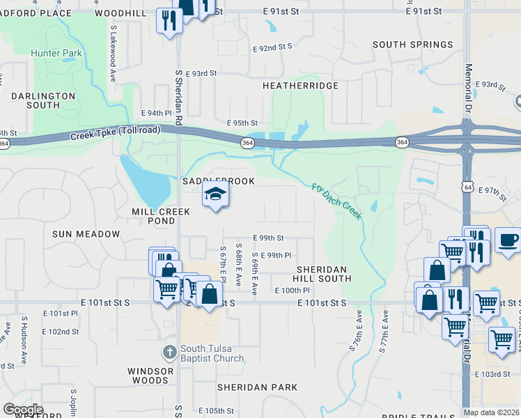 map of restaurants, bars, coffee shops, grocery stores, and more near 9706 South 69th East Avenue in Tulsa