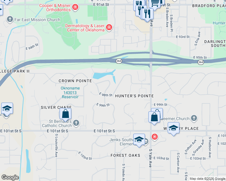 map of restaurants, bars, coffee shops, grocery stores, and more near 9707 South Richmond Avenue in Tulsa