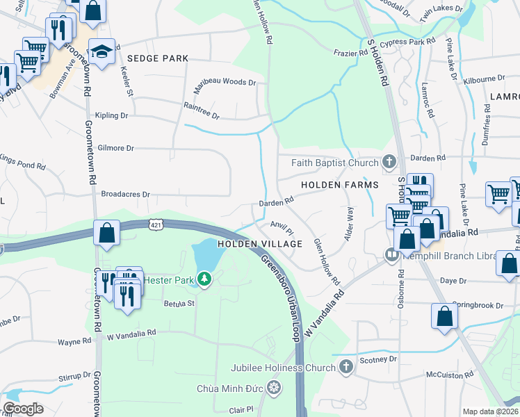 map of restaurants, bars, coffee shops, grocery stores, and more near 3410 Darden Road in Greensboro