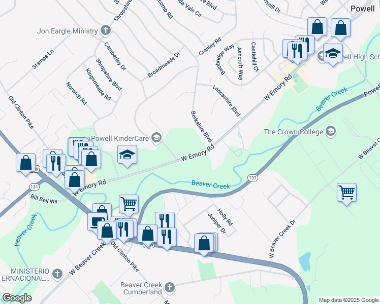 map of restaurants, bars, coffee shops, grocery stores, and more near 2929 West Emory Road in Powell