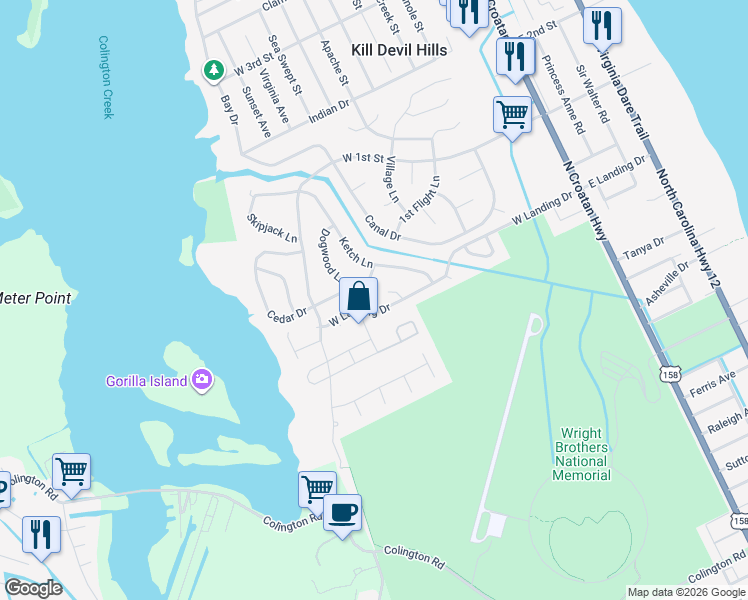 map of restaurants, bars, coffee shops, grocery stores, and more near 514 Schooner Court in Kill Devil Hills