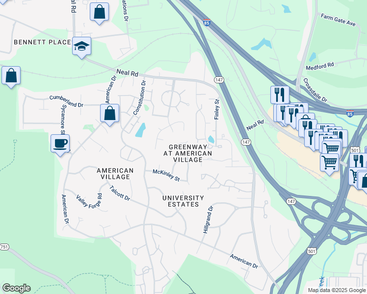map of restaurants, bars, coffee shops, grocery stores, and more near 3 Coolidge Place in Durham
