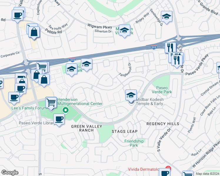 map of restaurants, bars, coffee shops, grocery stores, and more near 24 Staghorn Street in Henderson