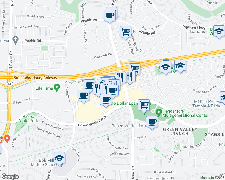 map of restaurants, bars, coffee shops, grocery stores, and more near 2220 Village Walk Drive in Henderson
