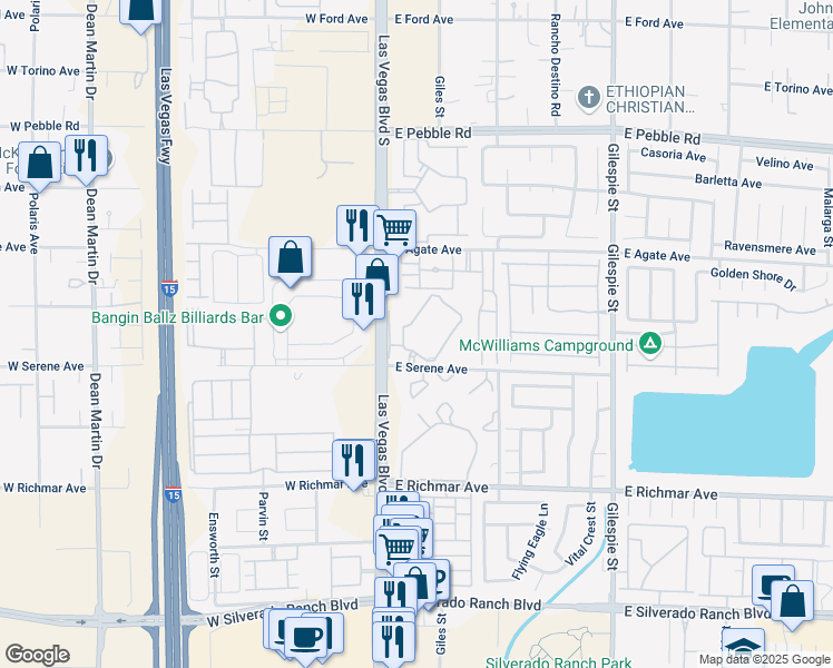 map of restaurants, bars, coffee shops, grocery stores, and more near 38 East Serene Avenue in Las Vegas