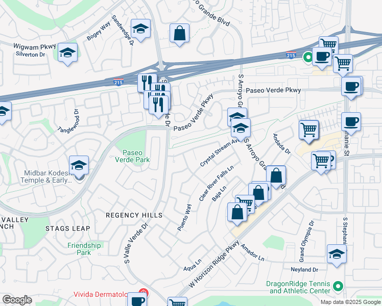 map of restaurants, bars, coffee shops, grocery stores, and more near 243 Water Bridge Court in Henderson