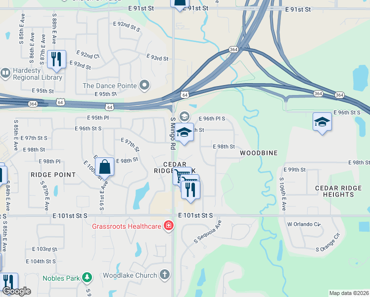 map of restaurants, bars, coffee shops, grocery stores, and more near 9817 South Mingo Road in Tulsa
