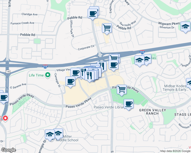 map of restaurants, bars, coffee shops, grocery stores, and more near 2220 Village Walk Drive in Henderson