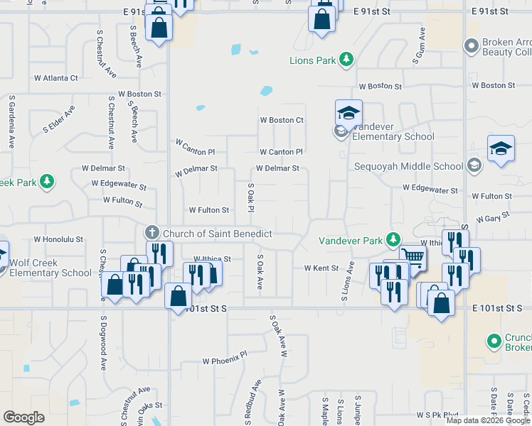 map of restaurants, bars, coffee shops, grocery stores, and more near 1615 West Fulton Place in Broken Arrow