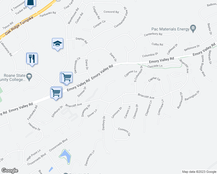 map of restaurants, bars, coffee shops, grocery stores, and more near 100 Deerfield Lane in Oak Ridge