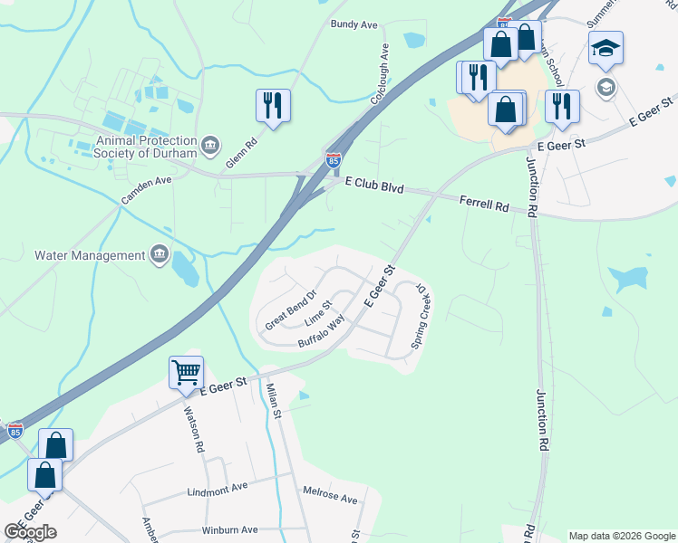 map of restaurants, bars, coffee shops, grocery stores, and more near 1722 Great Bend Drive in Durham