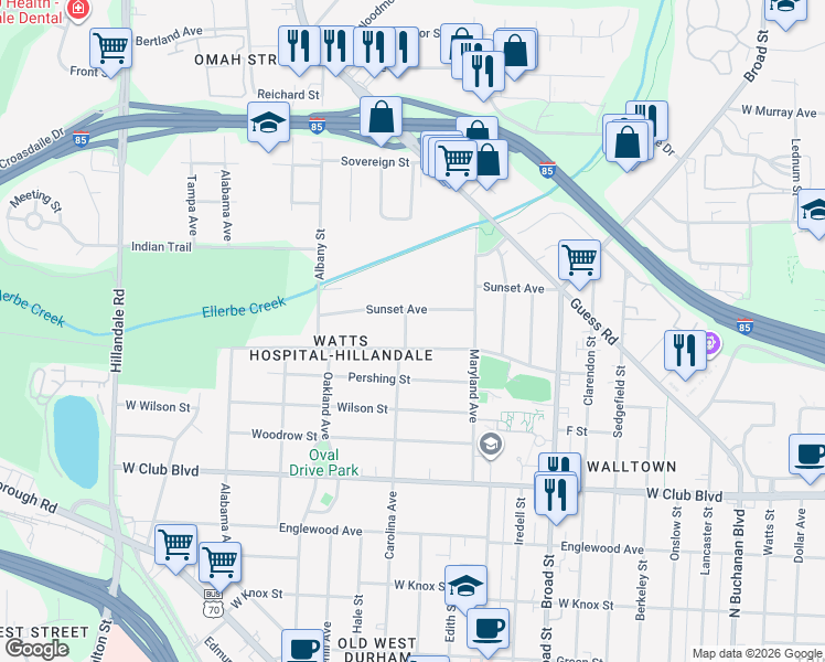 map of restaurants, bars, coffee shops, grocery stores, and more near 2023 Sunset Avenue in Durham