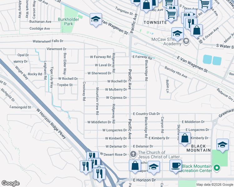 map of restaurants, bars, coffee shops, grocery stores, and more near 201 West Mulberry Drive in Henderson