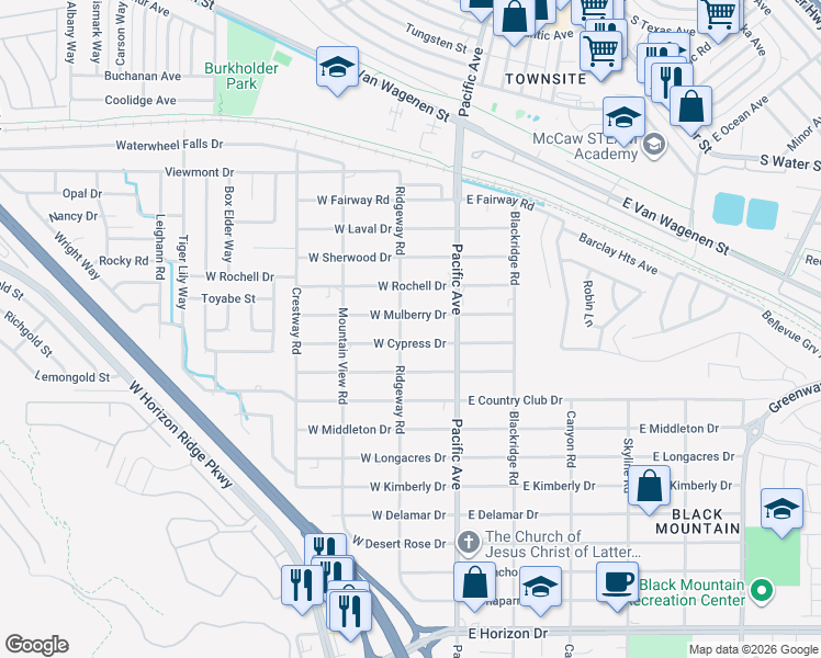 map of restaurants, bars, coffee shops, grocery stores, and more near 201 West Mulberry Drive in Henderson