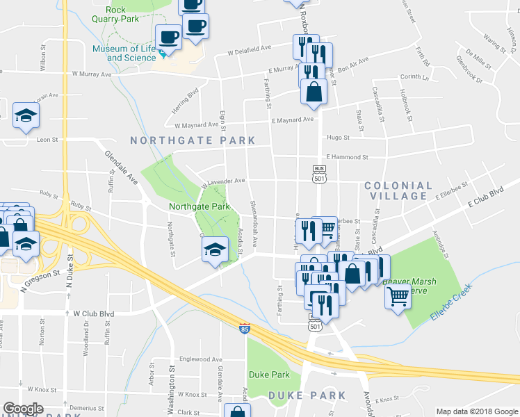 map of restaurants, bars, coffee shops, grocery stores, and more near 2509 Shenandoah Avenue in Durham
