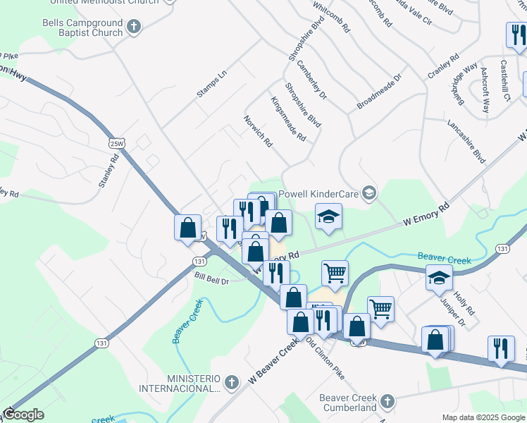 map of restaurants, bars, coffee shops, grocery stores, and more near 3523 West Emory Road in Powell