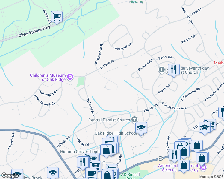 map of restaurants, bars, coffee shops, grocery stores, and more near 158 Waddell Circle in Oak Ridge