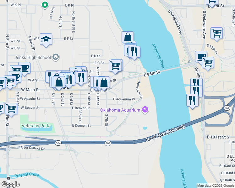 map of restaurants, bars, coffee shops, grocery stores, and more near 727 East Main Place in Jenks