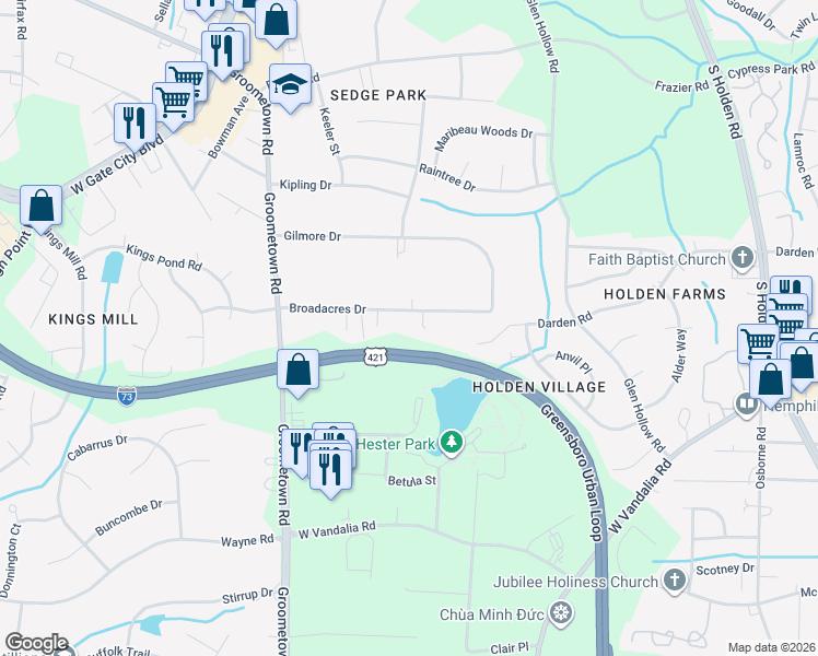 map of restaurants, bars, coffee shops, grocery stores, and more near 3811 Broadacres Drive in Greensboro