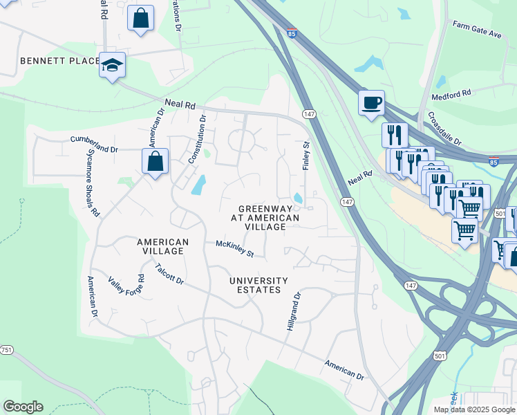 map of restaurants, bars, coffee shops, grocery stores, and more near 3 Coolidge Place in Durham