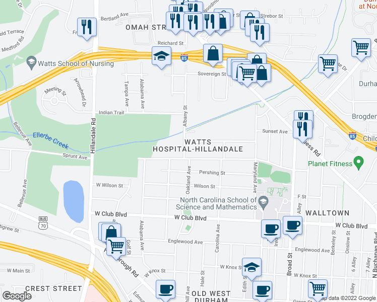 map of restaurants, bars, coffee shops, grocery stores, and more near 1602 Albany Street in Durham