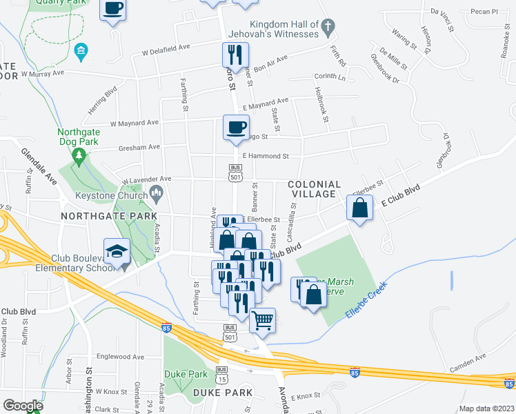 map of restaurants, bars, coffee shops, grocery stores, and more near 2508 Banner Street in Durham