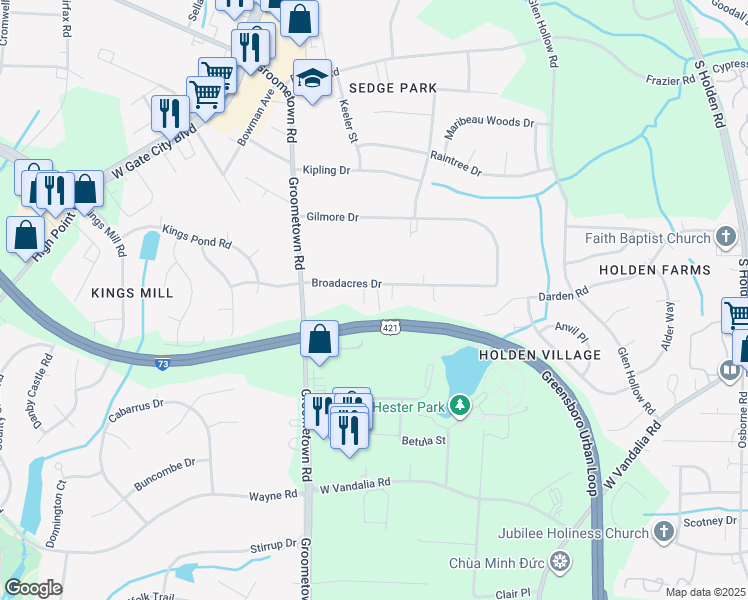 map of restaurants, bars, coffee shops, grocery stores, and more near 3915 Broadacres Drive in Greensboro