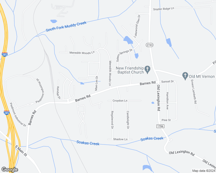 map of restaurants, bars, coffee shops, grocery stores, and more near 4236 Meredith Woods Lane in Winston-Salem