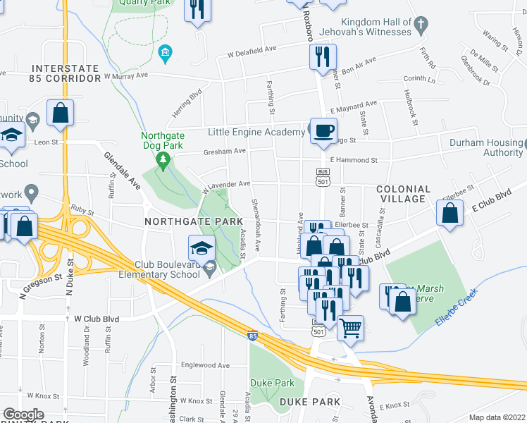 map of restaurants, bars, coffee shops, grocery stores, and more near 2502 Shenandoah Avenue in Durham