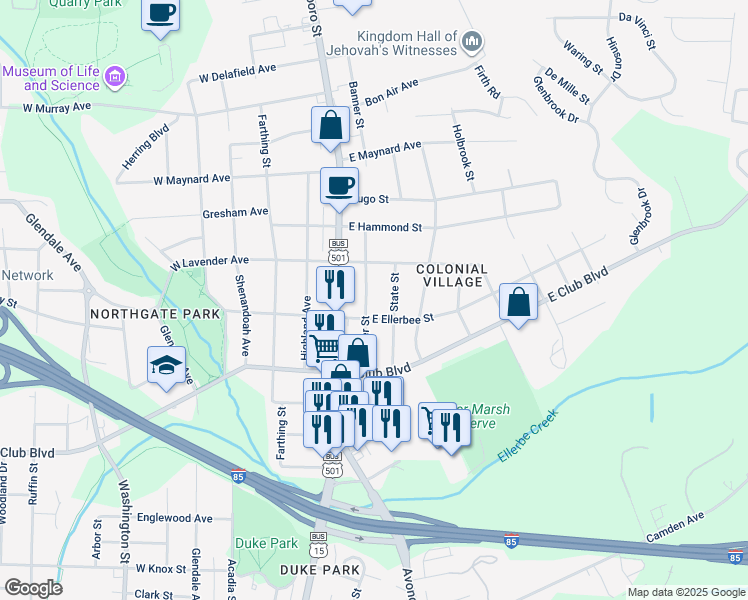 map of restaurants, bars, coffee shops, grocery stores, and more near 2508 Banner Street in Durham