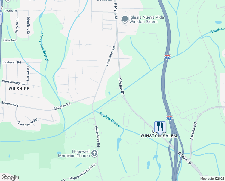 map of restaurants, bars, coffee shops, grocery stores, and more near 4584 South Main Street in Winston-Salem