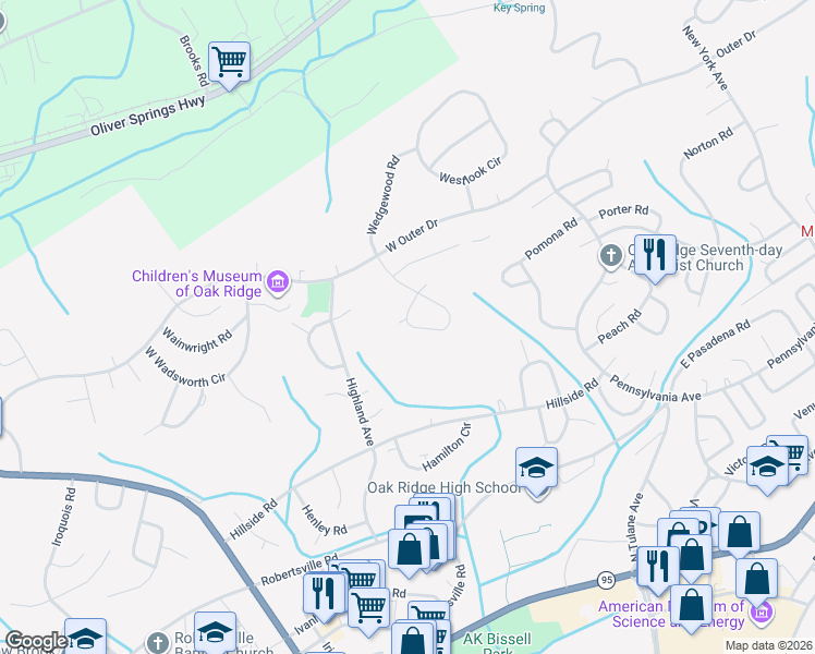 map of restaurants, bars, coffee shops, grocery stores, and more near 219 Waddell Circle in Oak Ridge