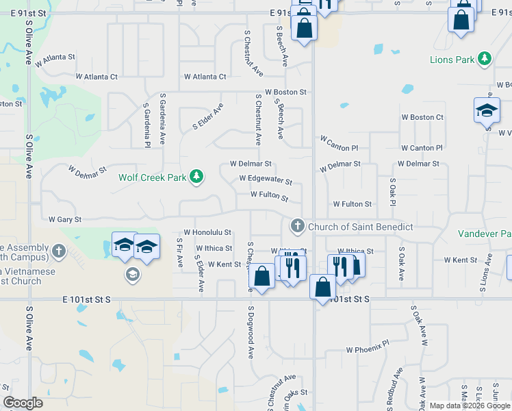 map of restaurants, bars, coffee shops, grocery stores, and more near 2328 West Gary Street in Broken Arrow