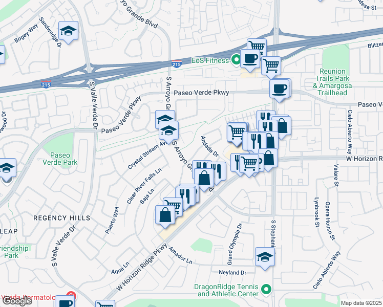 map of restaurants, bars, coffee shops, grocery stores, and more near 1486 Arroyo Verde Drive in Henderson