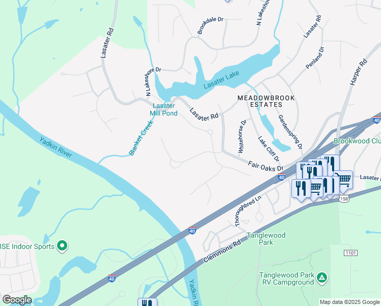 map of restaurants, bars, coffee shops, grocery stores, and more near 7945 Valleyview Dr in Clemmons