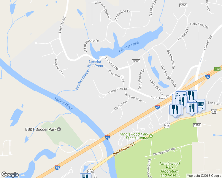 map of restaurants, bars, coffee shops, grocery stores, and more near 7945 Valleyview Dr in Clemmons