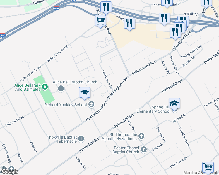 map of restaurants, bars, coffee shops, grocery stores, and more near 3005 Shelbourne Road in Knoxville