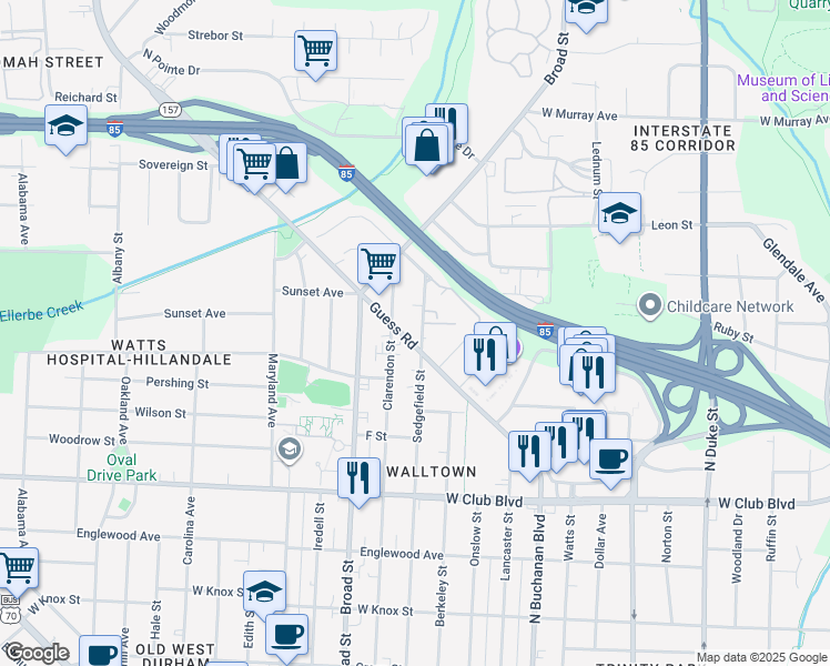 map of restaurants, bars, coffee shops, grocery stores, and more near 1601 Sedgefield Street in Durham