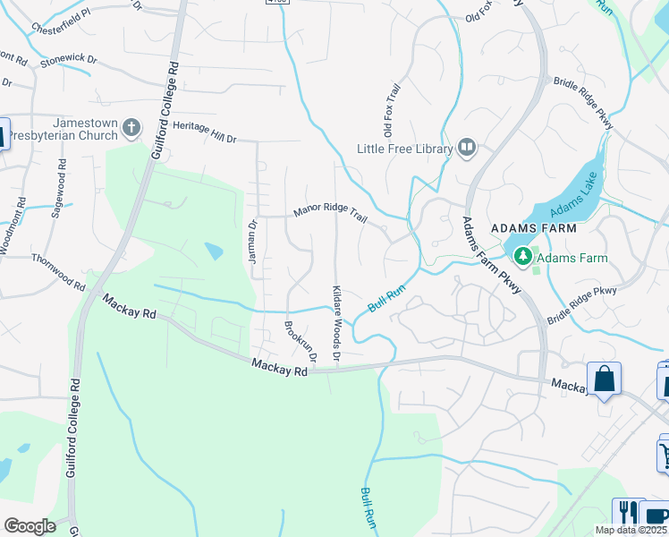 map of restaurants, bars, coffee shops, grocery stores, and more near Kildare Woods Drive in Greensboro