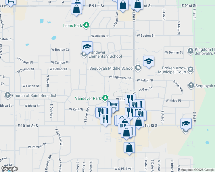map of restaurants, bars, coffee shops, grocery stores, and more near 1100 West Fulton Street in Broken Arrow