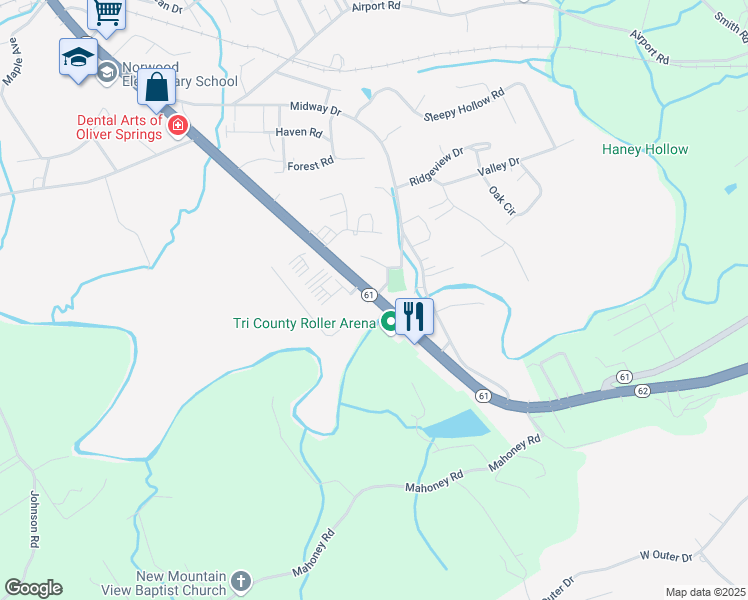 map of restaurants, bars, coffee shops, grocery stores, and more near 805 East Tri County Boulevard in Oliver Springs