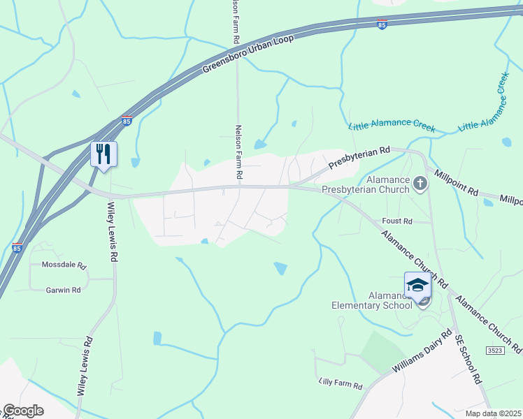 map of restaurants, bars, coffee shops, grocery stores, and more near 1910 Alamance Church Road in Greensboro