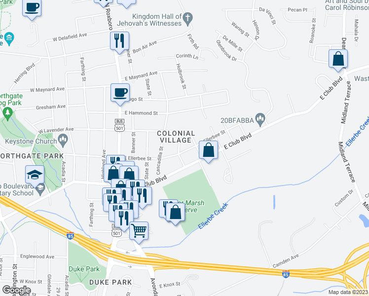 map of restaurants, bars, coffee shops, grocery stores, and more near 701 East Ellerbee Street in Durham