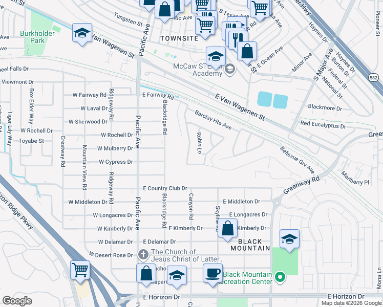 map of restaurants, bars, coffee shops, grocery stores, and more near 625 East Fairway Road in Henderson
