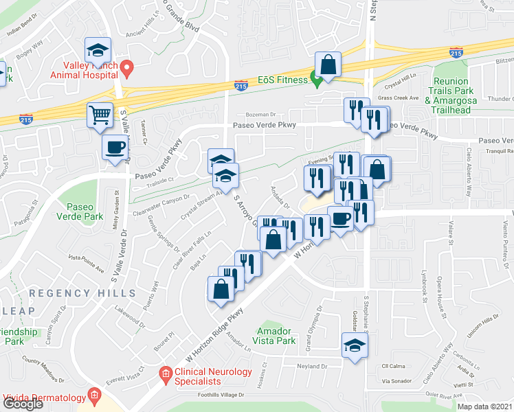 map of restaurants, bars, coffee shops, grocery stores, and more near 148 Ritchie Court in Henderson