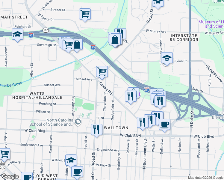 map of restaurants, bars, coffee shops, grocery stores, and more near 1601 Sedgefield Street in Durham