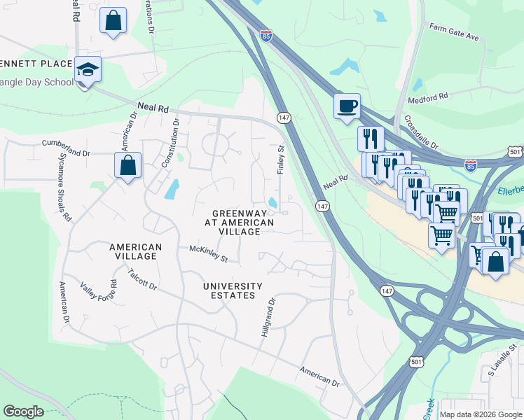 map of restaurants, bars, coffee shops, grocery stores, and more near 24 Durbin Place in Durham