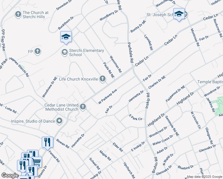 map of restaurants, bars, coffee shops, grocery stores, and more near 1100 Cedar Lane in Knoxville