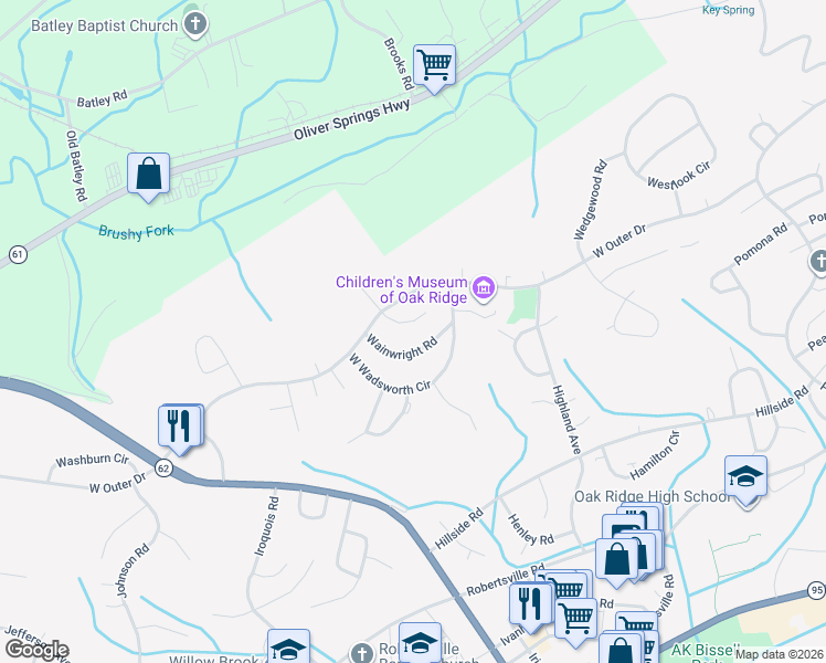 map of restaurants, bars, coffee shops, grocery stores, and more near 122 South Walker Lane in Oak Ridge