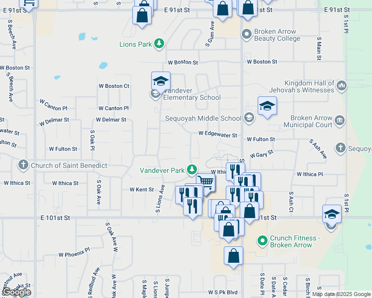 map of restaurants, bars, coffee shops, grocery stores, and more near 1100 West Fulton Street in Broken Arrow